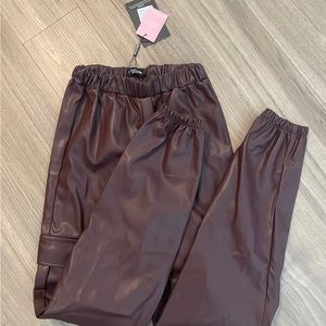 NWT PrettyLittleThing Petite Chocolate Faux Leather Cargo Pants